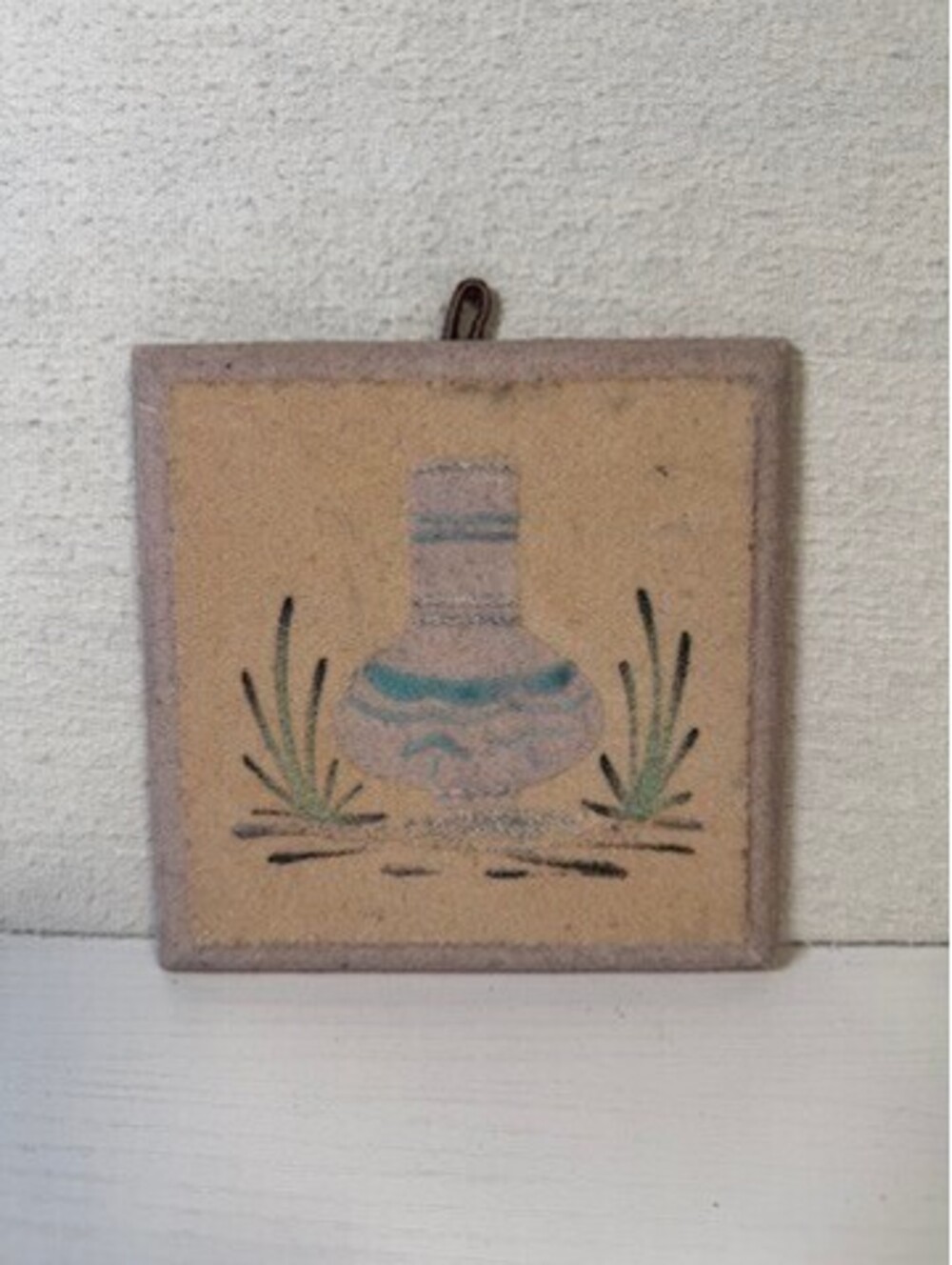 Navajo Sand Art Tile Wall Hanging with Native Pottery Design Handmade 4x4 Signed